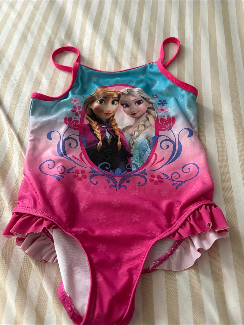 Disney Pink and Teal Gradient Girls One-Piece Swimsuit with Anna & Elsa